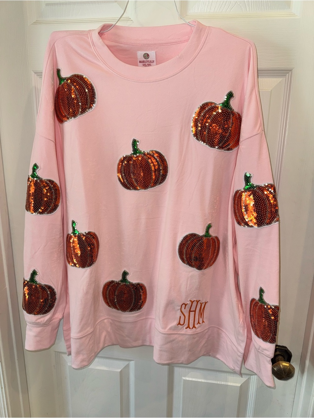 Marley Lilly Pink Sequin Pumpkin Crewneck Sweatshirt